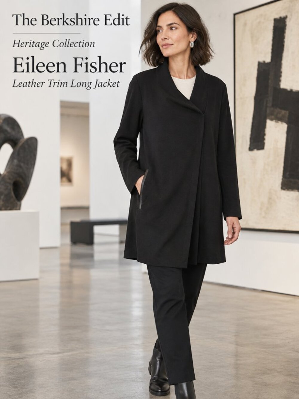 Eileen Fisher 1X Black Tencel Ponte Lamb Leather Trim Asym Zip Long Jacket